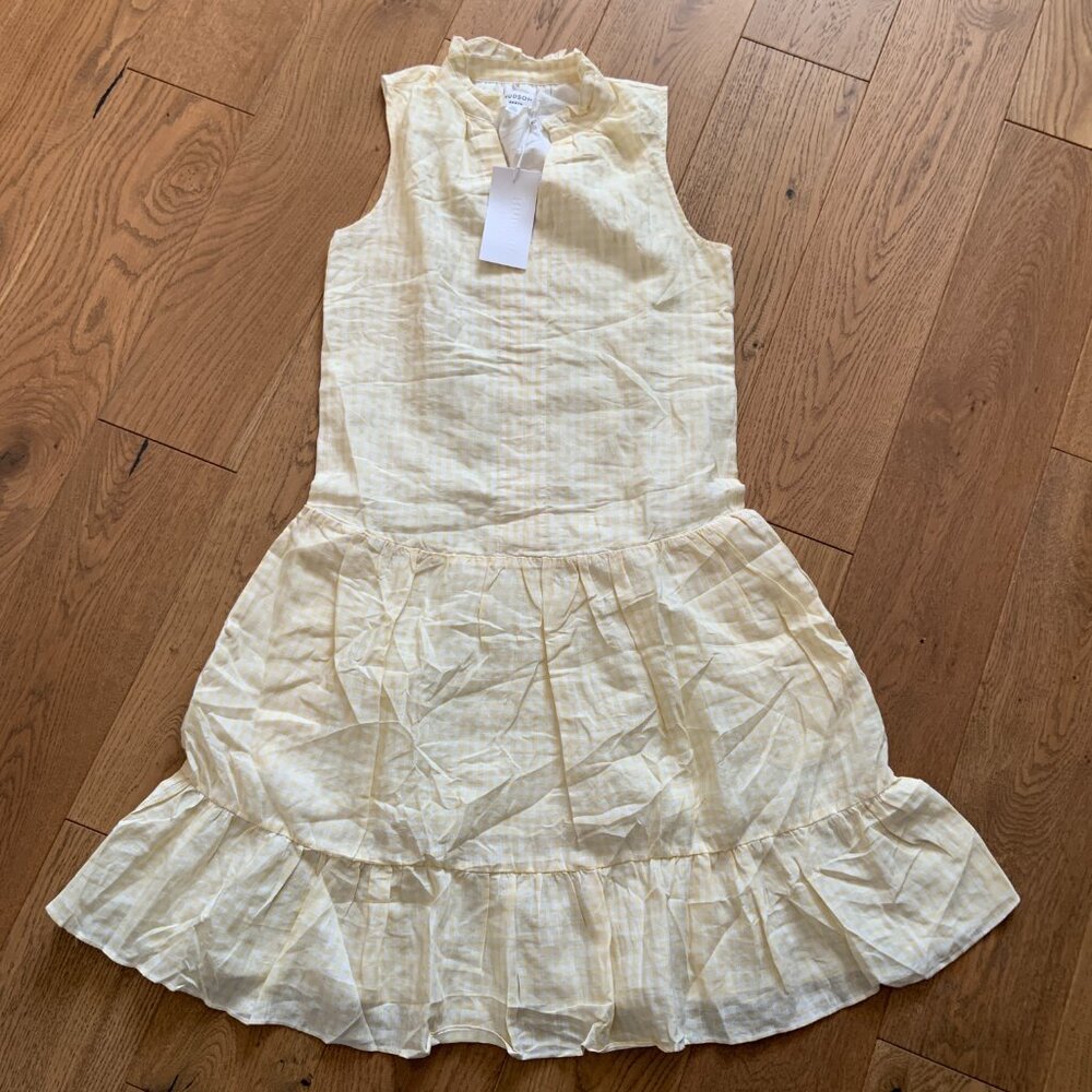 Women's Hudson North Picnic Linen Tier Midi Dress Yellow Gingham Size XS